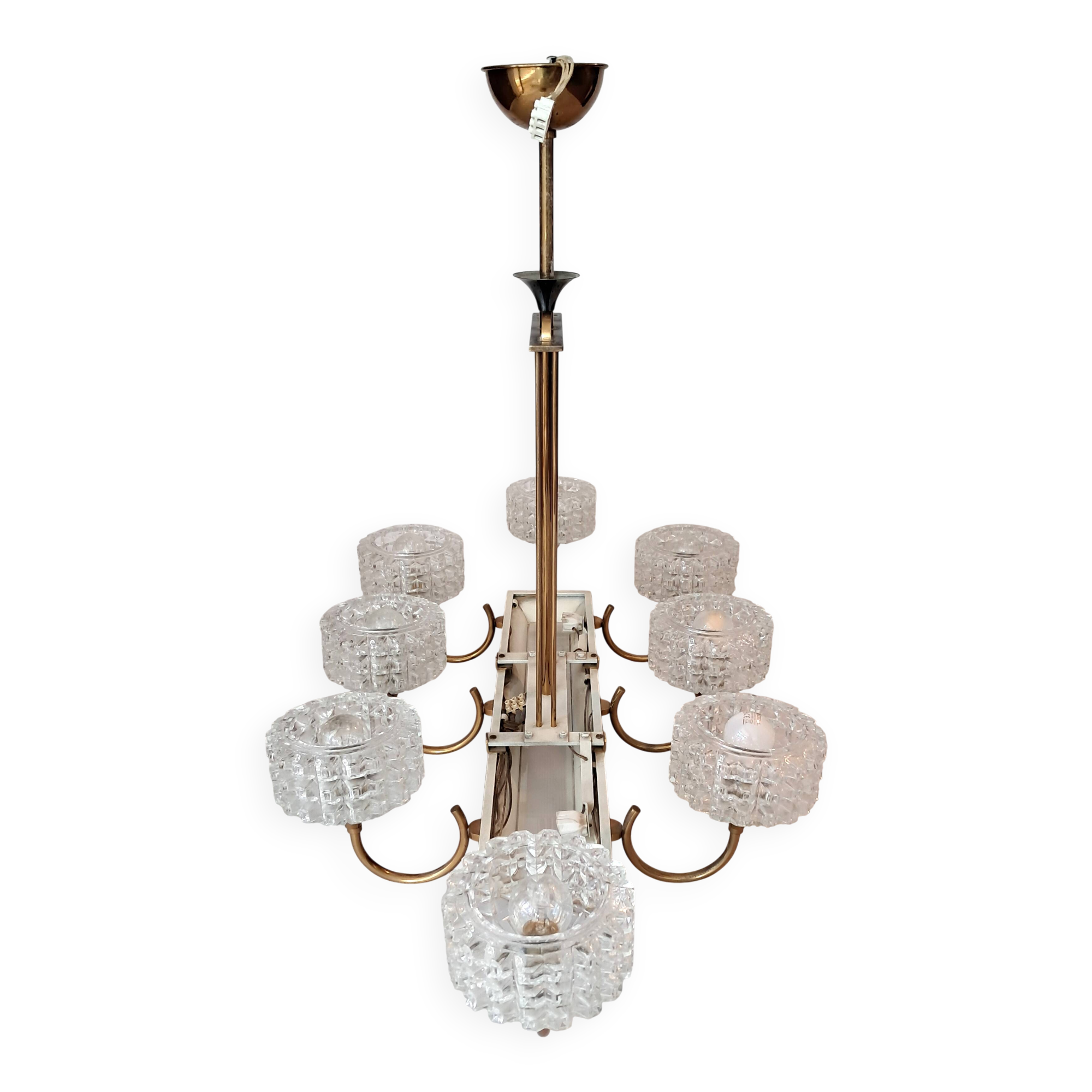 Eight-light chandelier in gilded brass and blue, 1950.