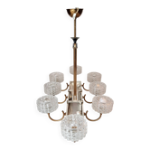 Eight-light chandelier in gilded brass and blue, 1950.