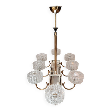 Eight-light chandelier in gilded brass and blue, 1950.