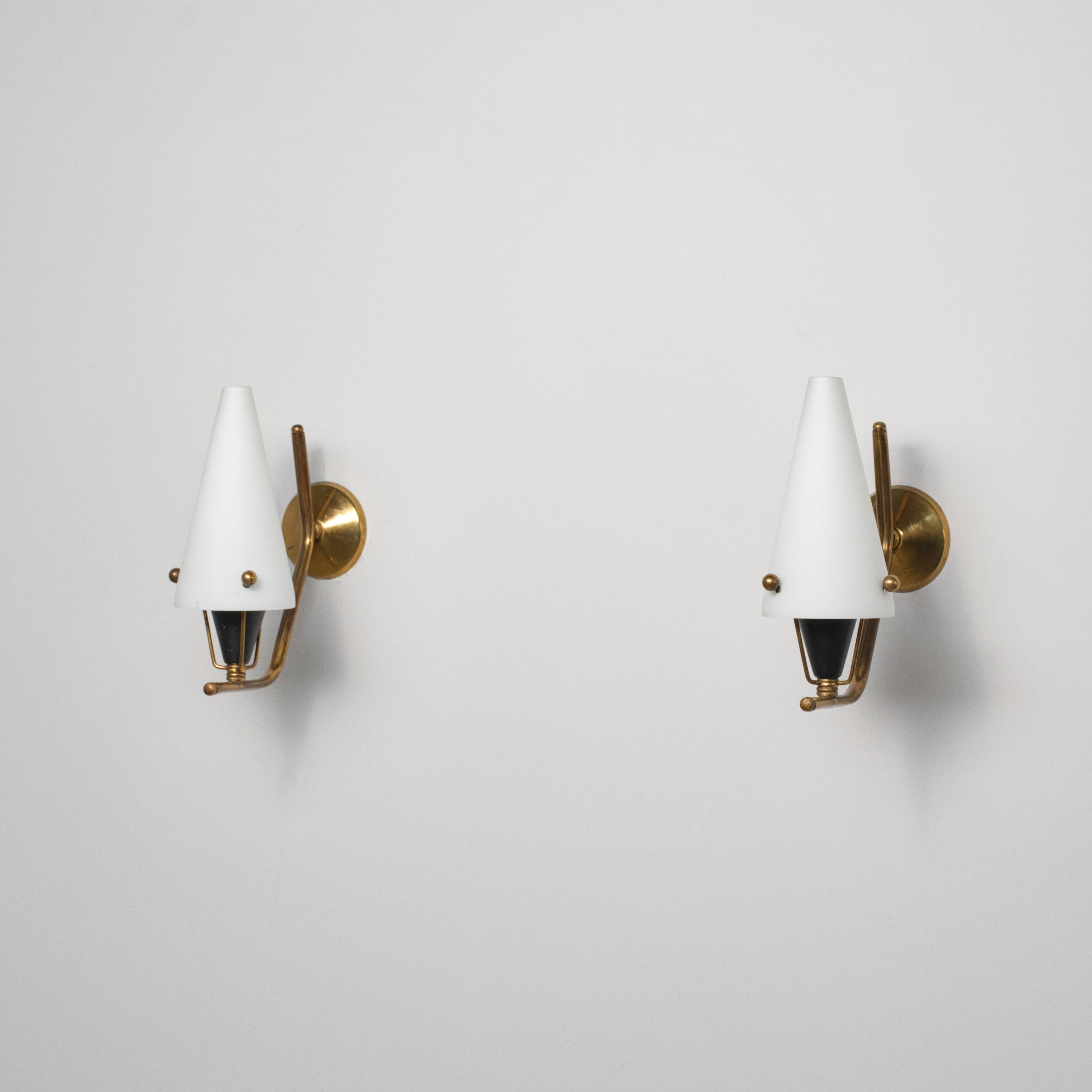 Pair of 1950s Italian Brass Sconces with Conical Opaline Glass Shades