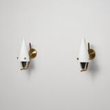 Pair of 1950s Italian Brass Sconces with Conical Opaline Glass Shades