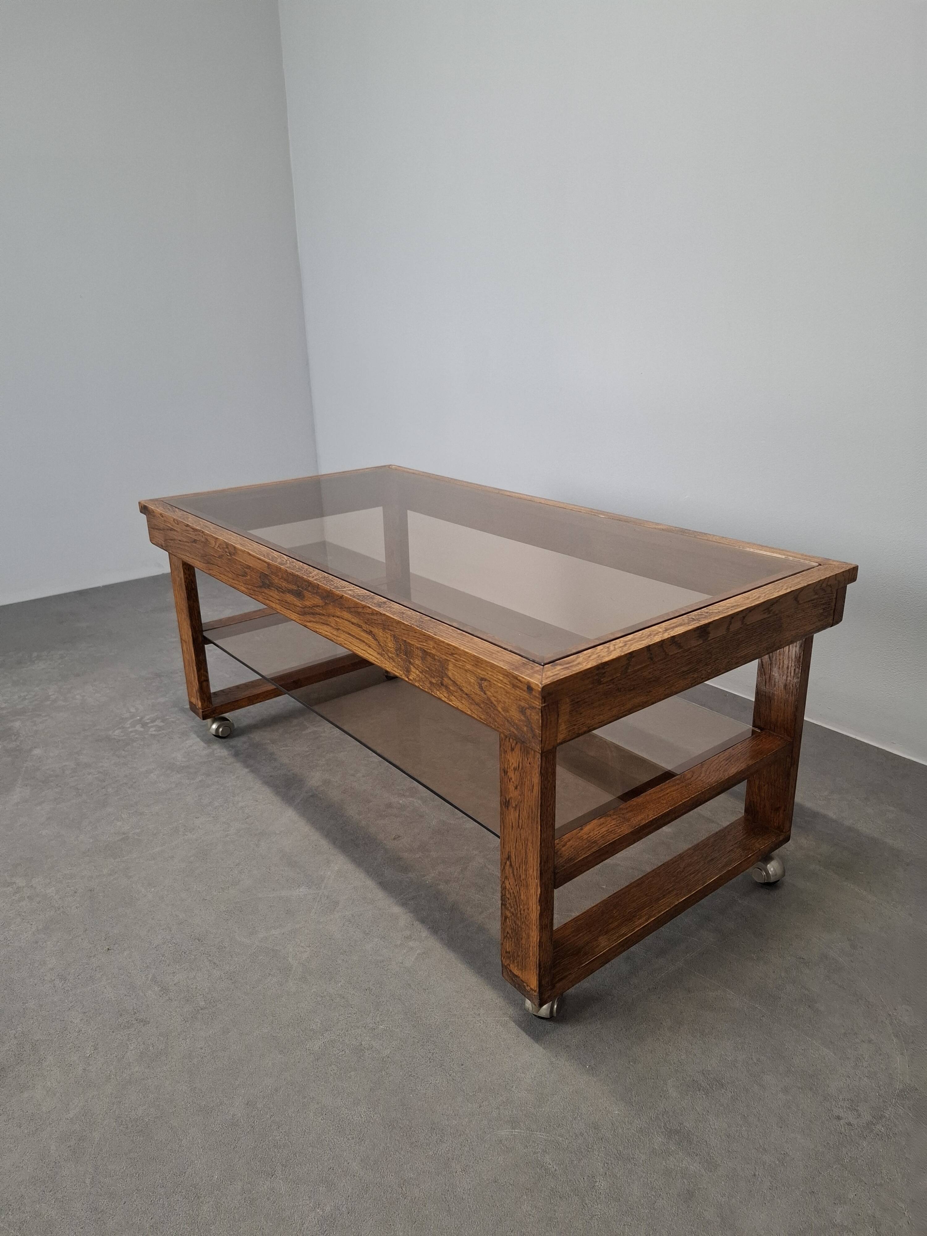 Mid-Century Smoked Glass and Wood Coffee Table on Wheels, Czechoslovakia