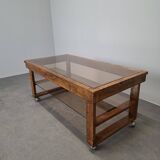 Mid-Century Smoked Glass and Wood Coffee Table on Wheels, Czechoslovakia