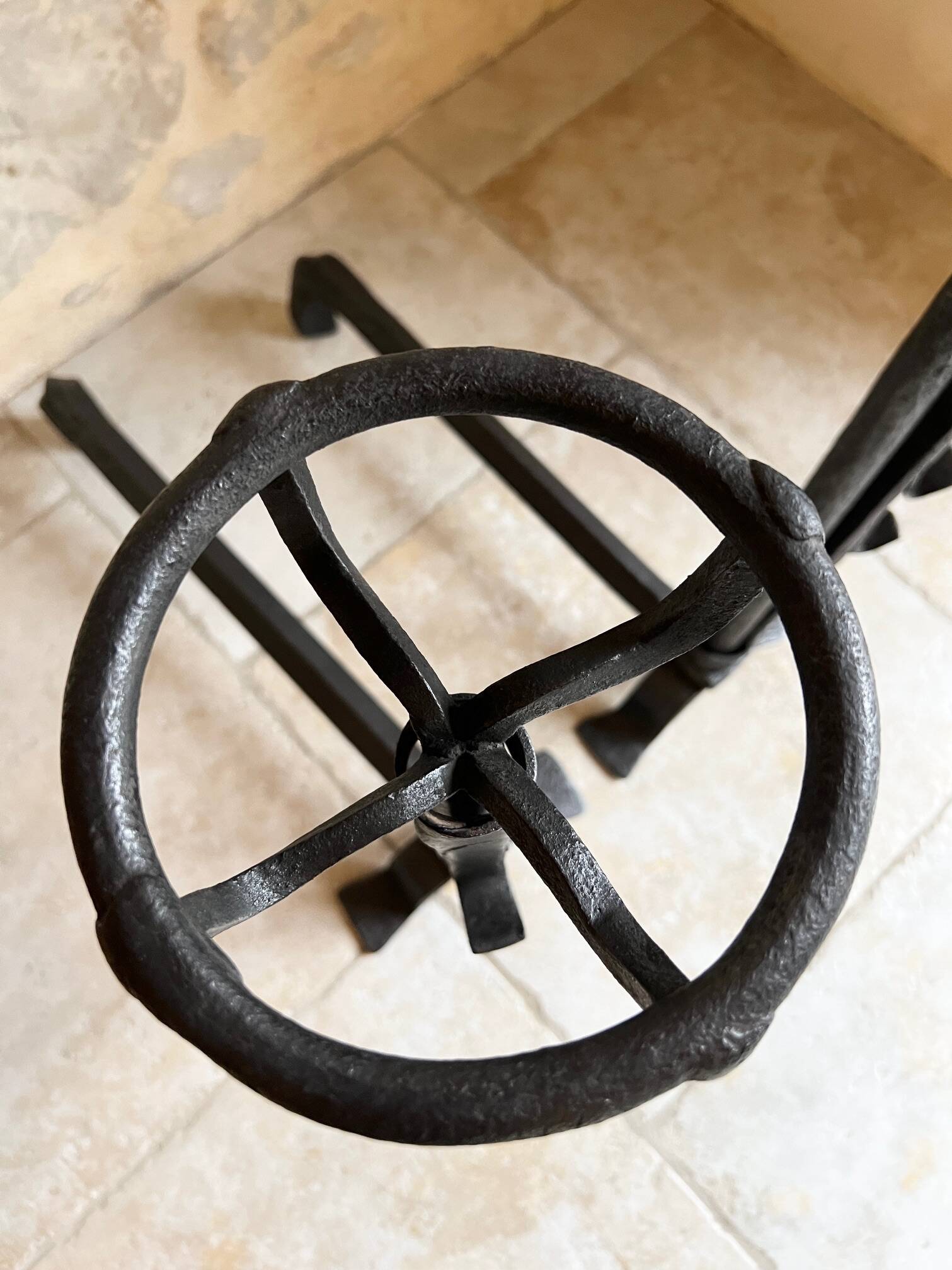 Pair of 18th century wrought iron andirons, log-carrying andirons