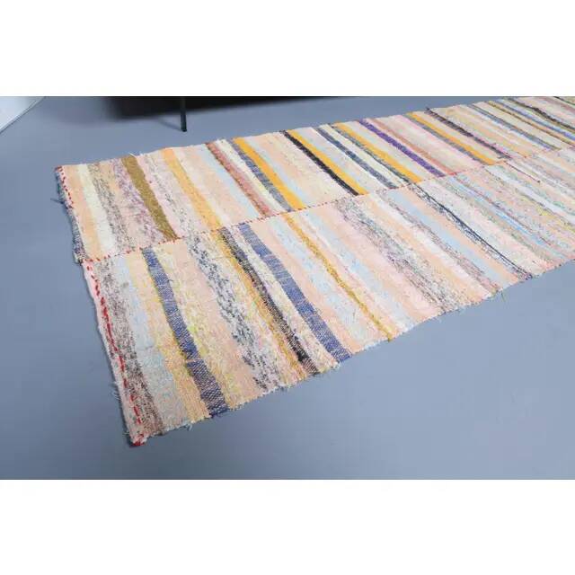 Vintage Turkish hand-knotted wool cotton beige kilim runner rug 85x260