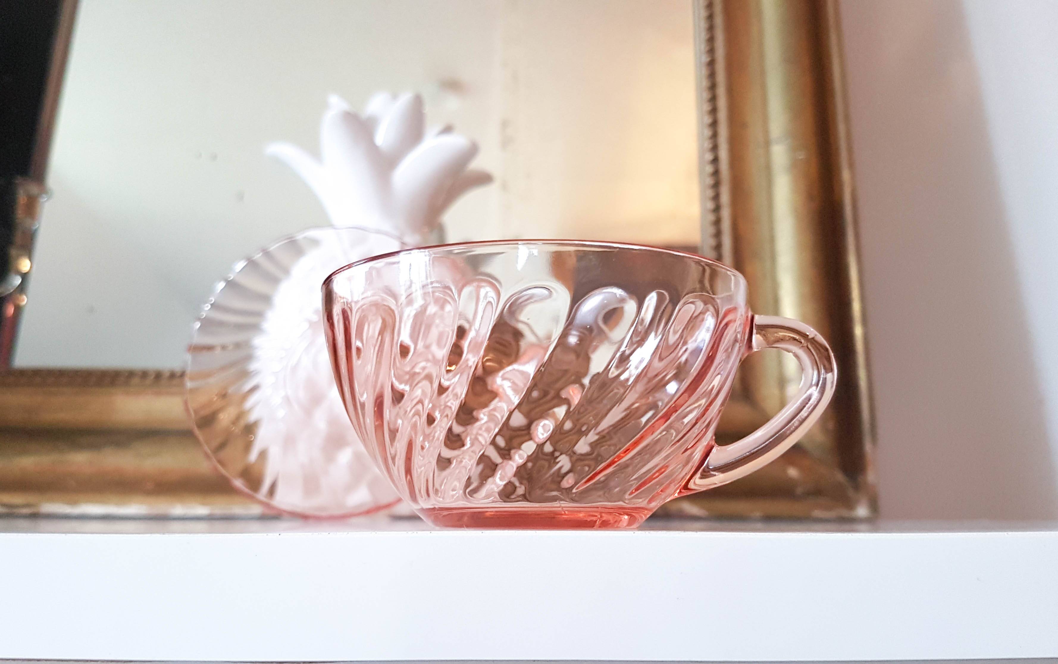 6 Rosaline LUMINARC pink glass tea cups and saucers made in France