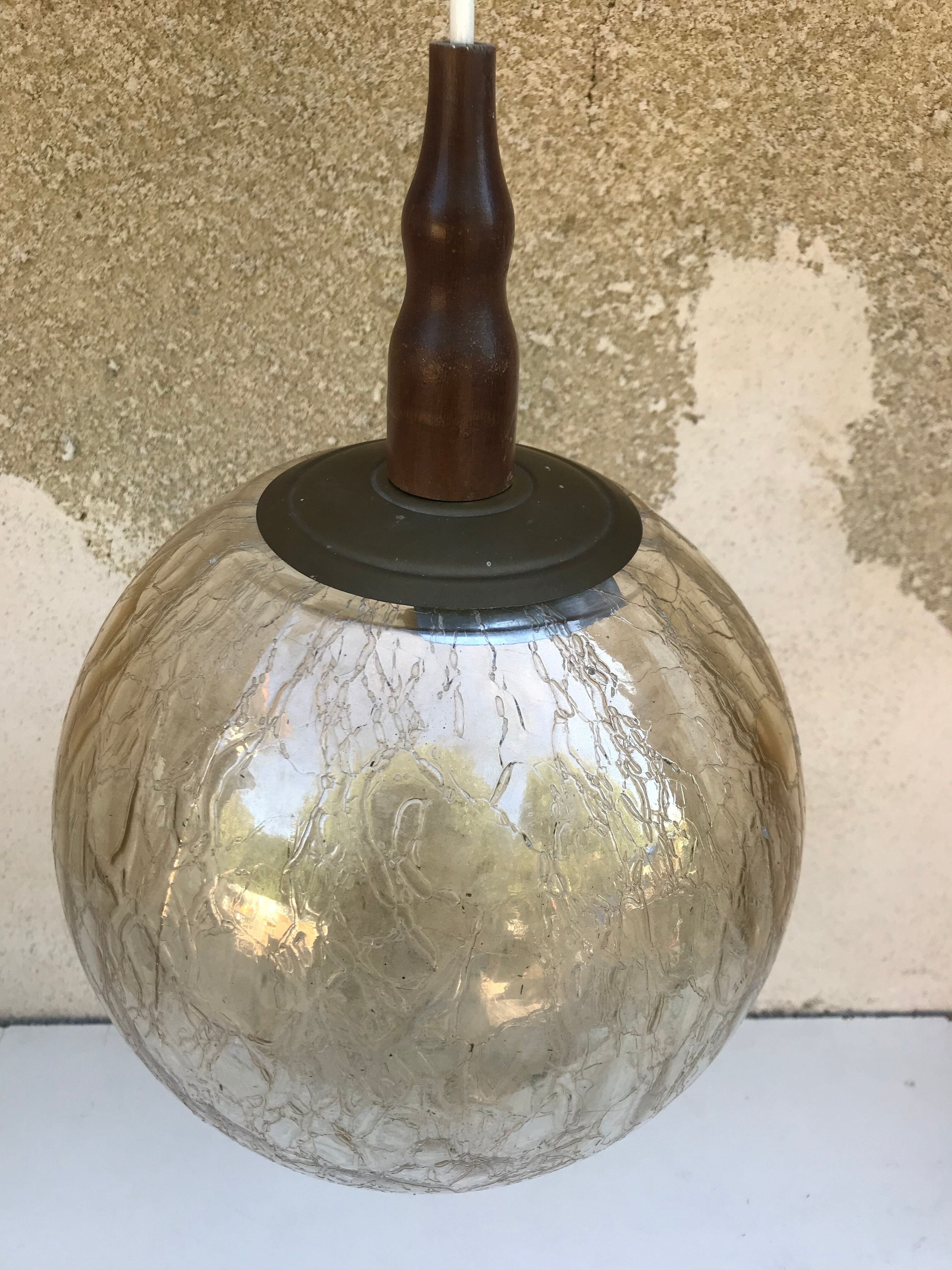 Suspension old crackled glass ball + Support brass wood Vintage