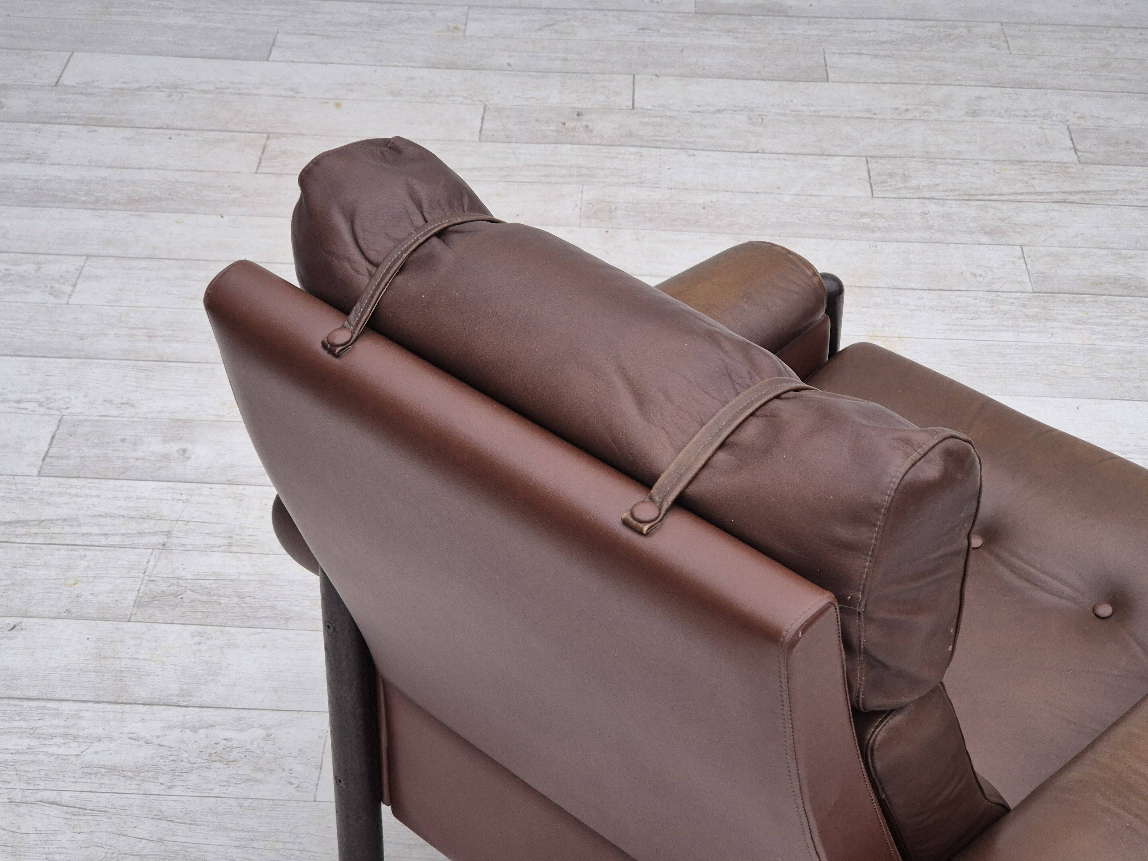 1970s, Danish armchair, original condition, furniture leather, dark oak wood.