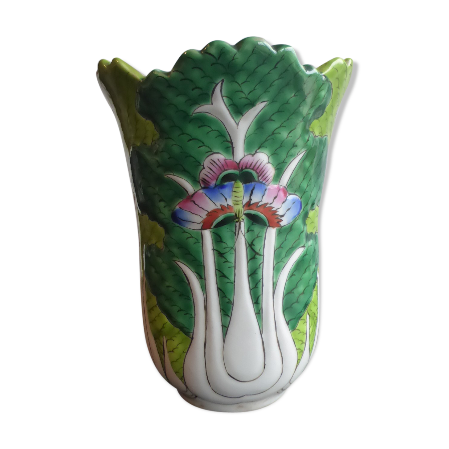 Ancient Asian ceramic vase green and white background decorated with butterflies