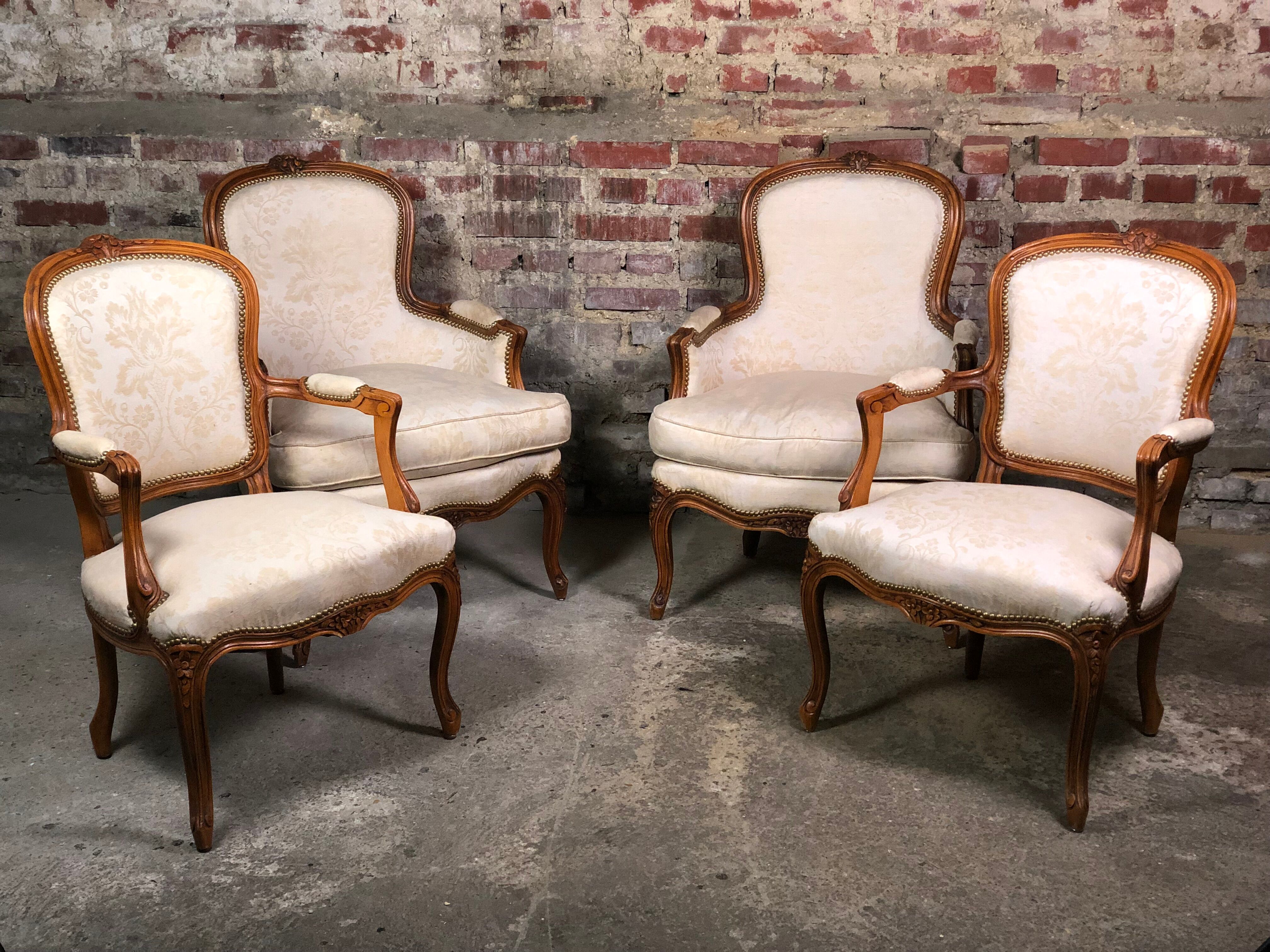 Armchairs Louis XV style carved walnut and fabric