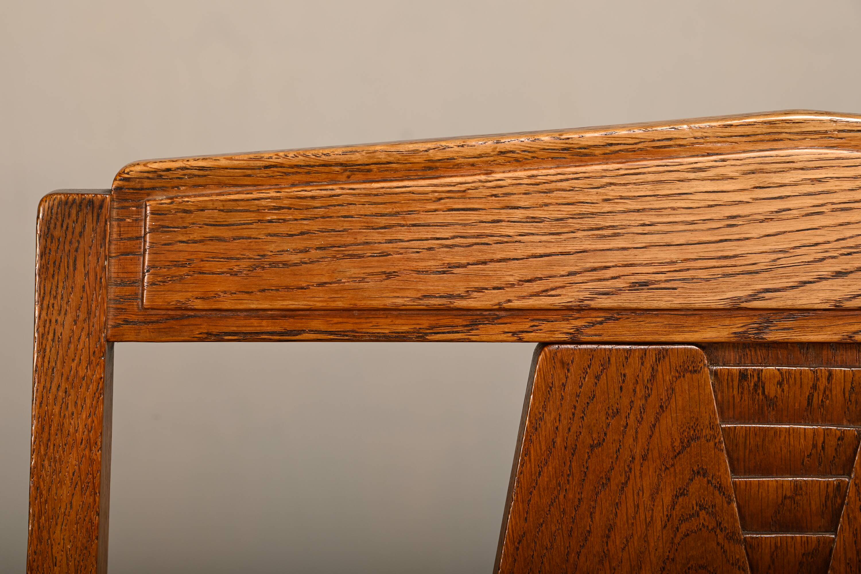 Dutch Art Deco Amsterdam School Armchairs in solid Oak and striped fabric