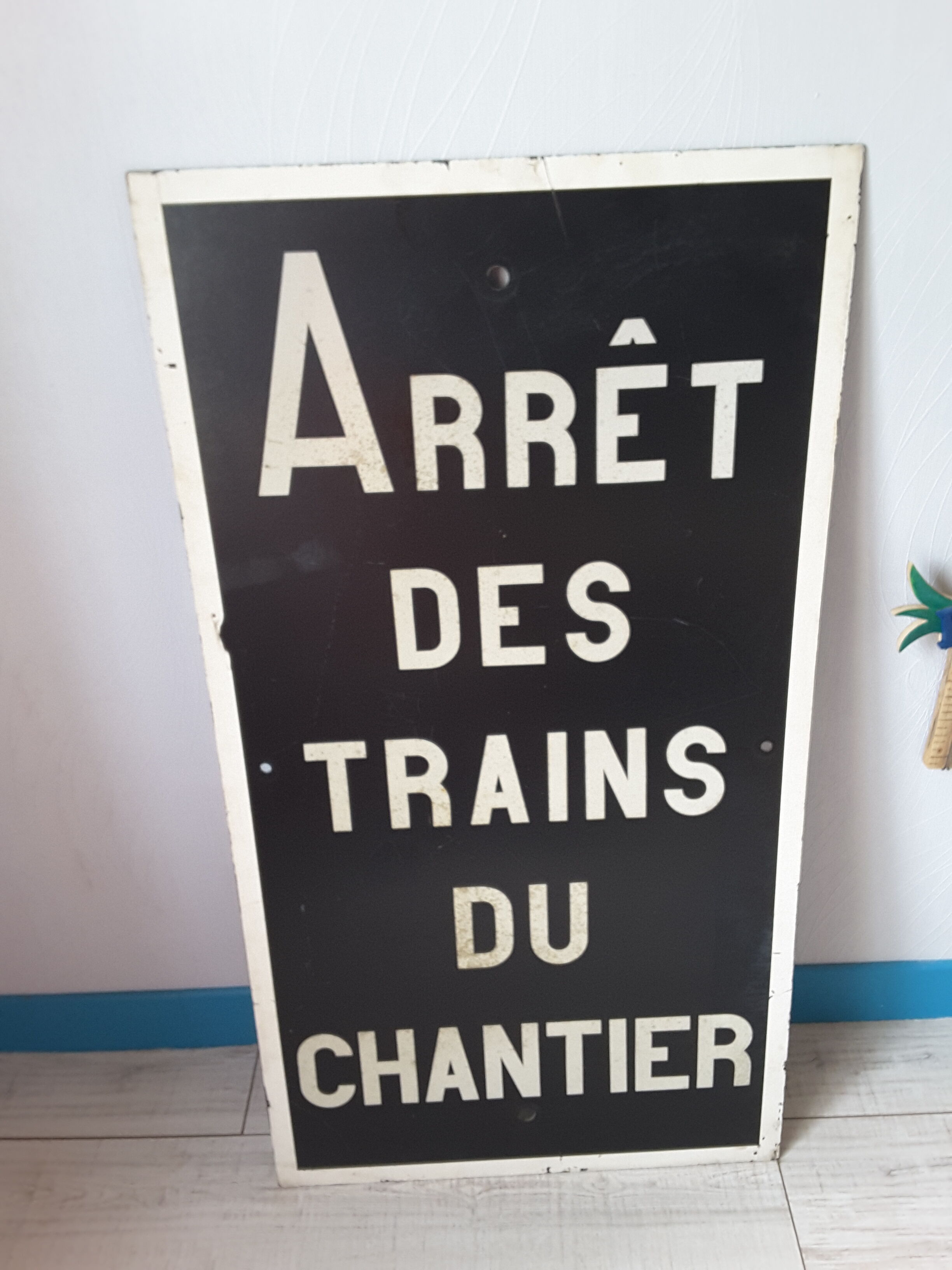 Authentic station sign stop trains of the large-format construction site