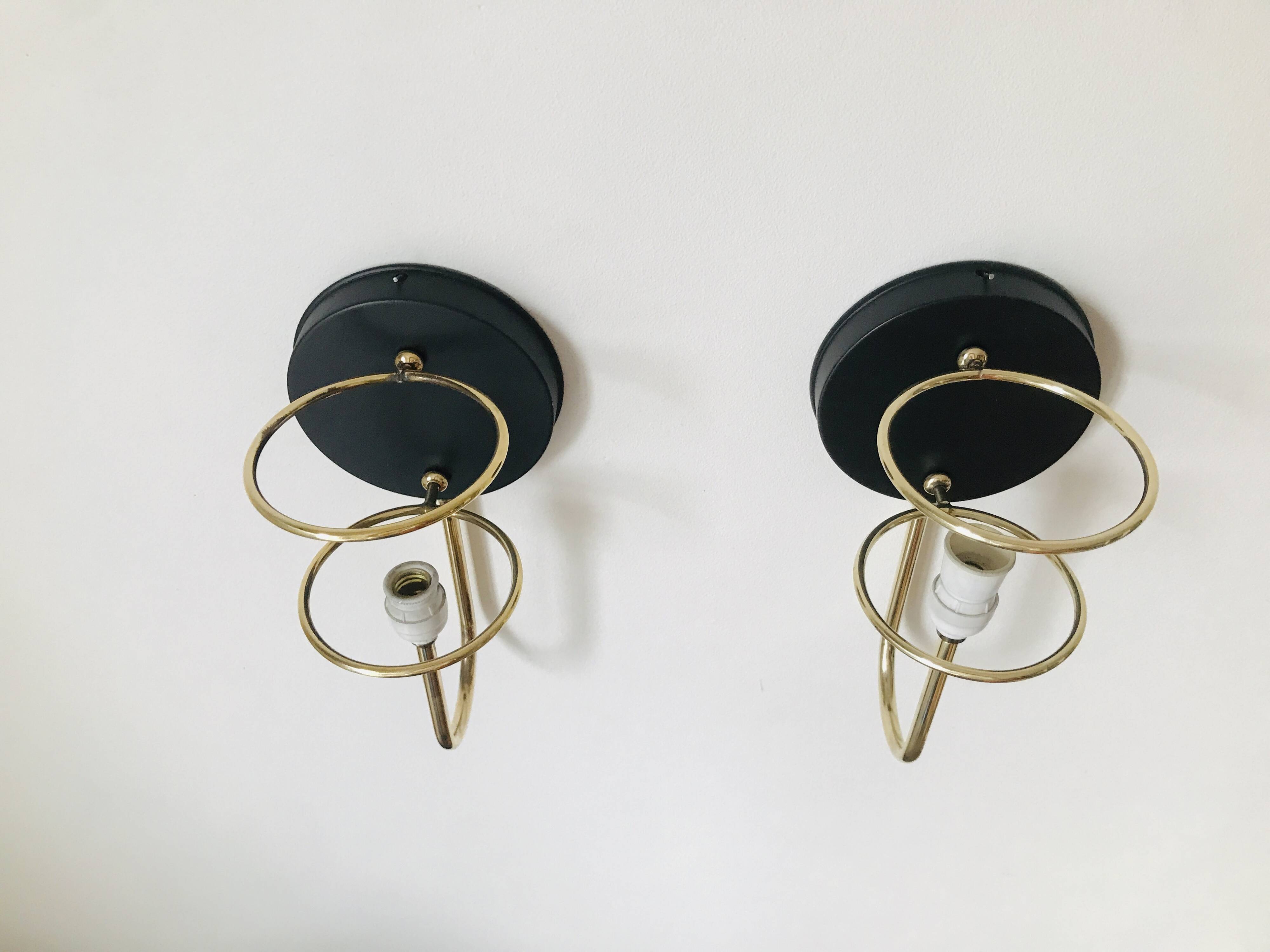Pair of modernist wall lights in opaline brass white flame 1960 vintage minimalist