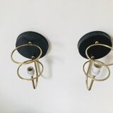Pair of modernist wall lights in opaline brass white flame 1960 vintage minimalist