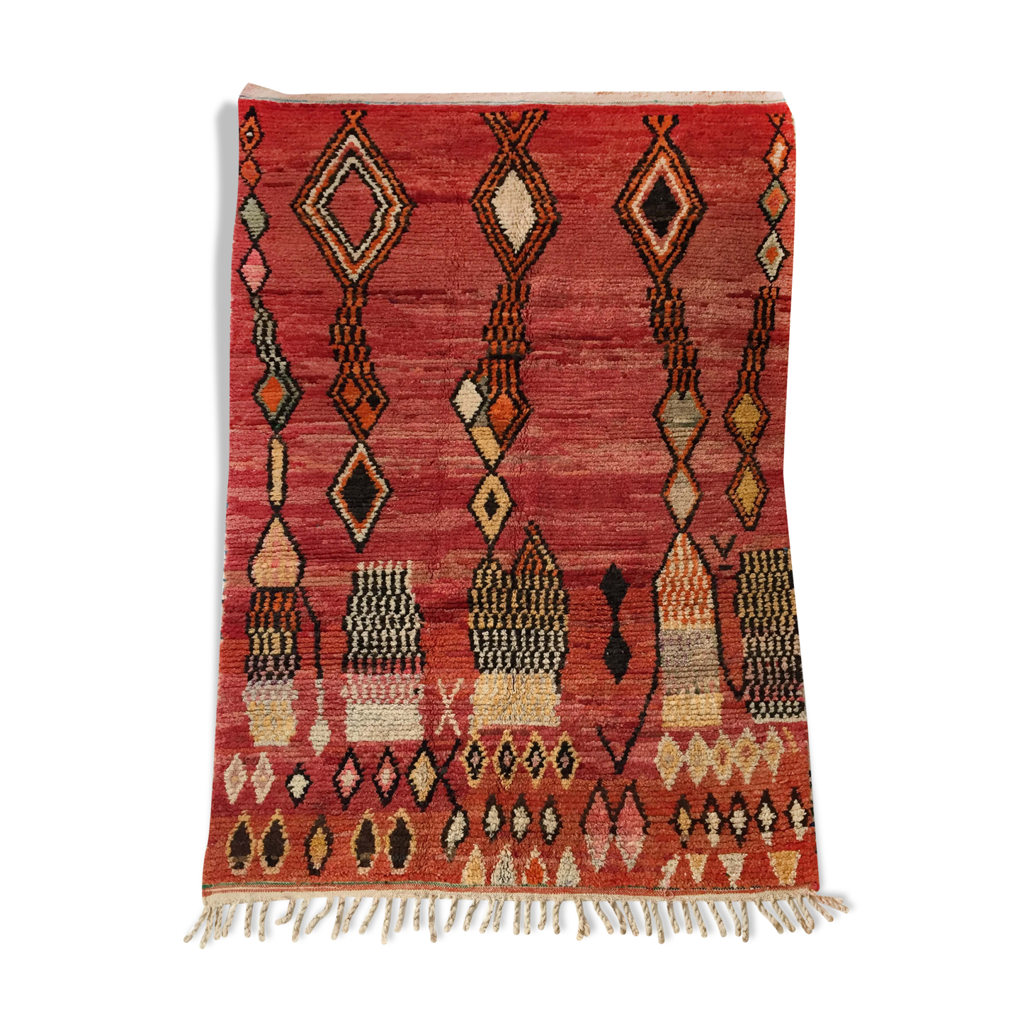 Moroccan Berber carpet Boujaad red with colorful patterns 252x158cm