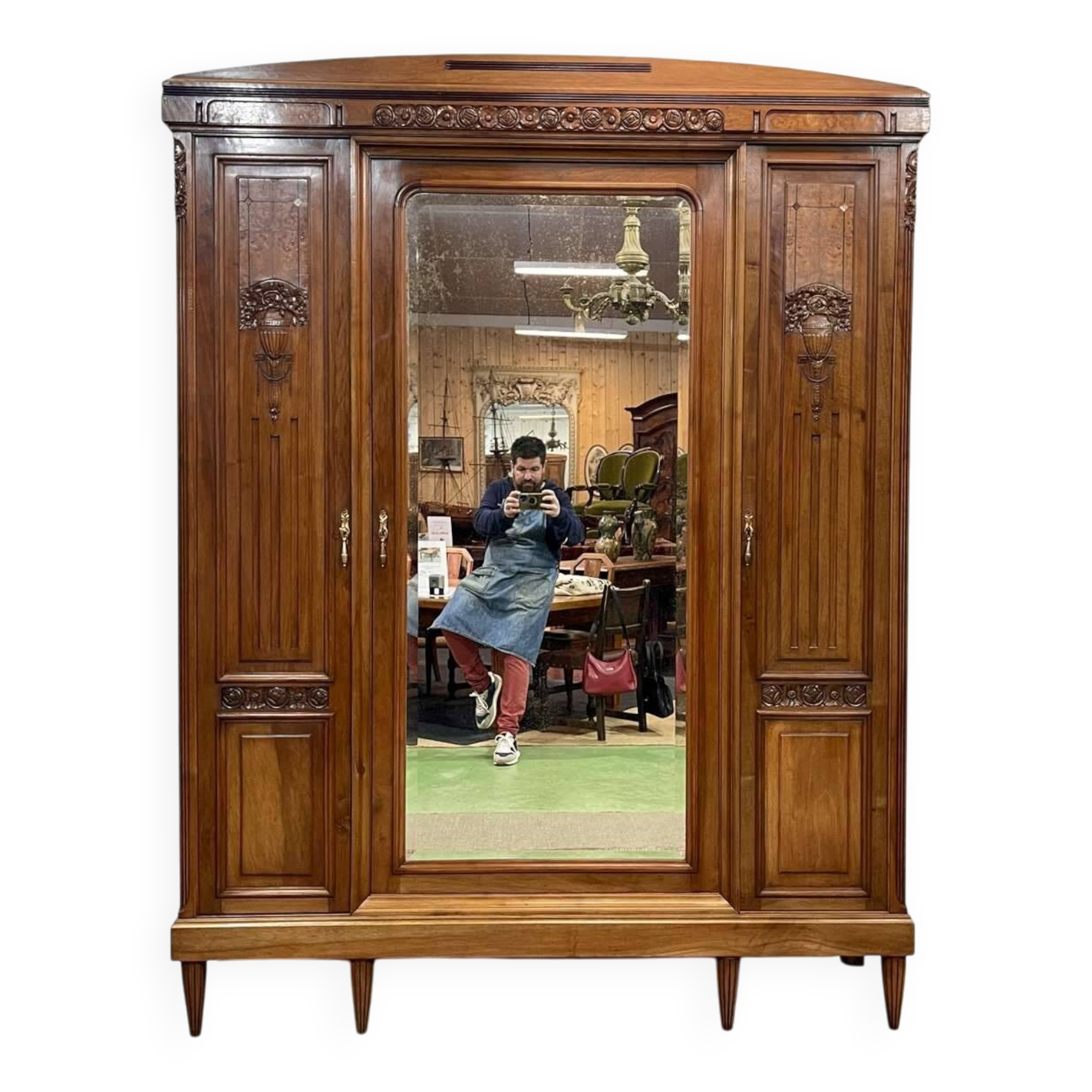 Art Deco period bedroom wardrobe with mirror in walnut and elm burl