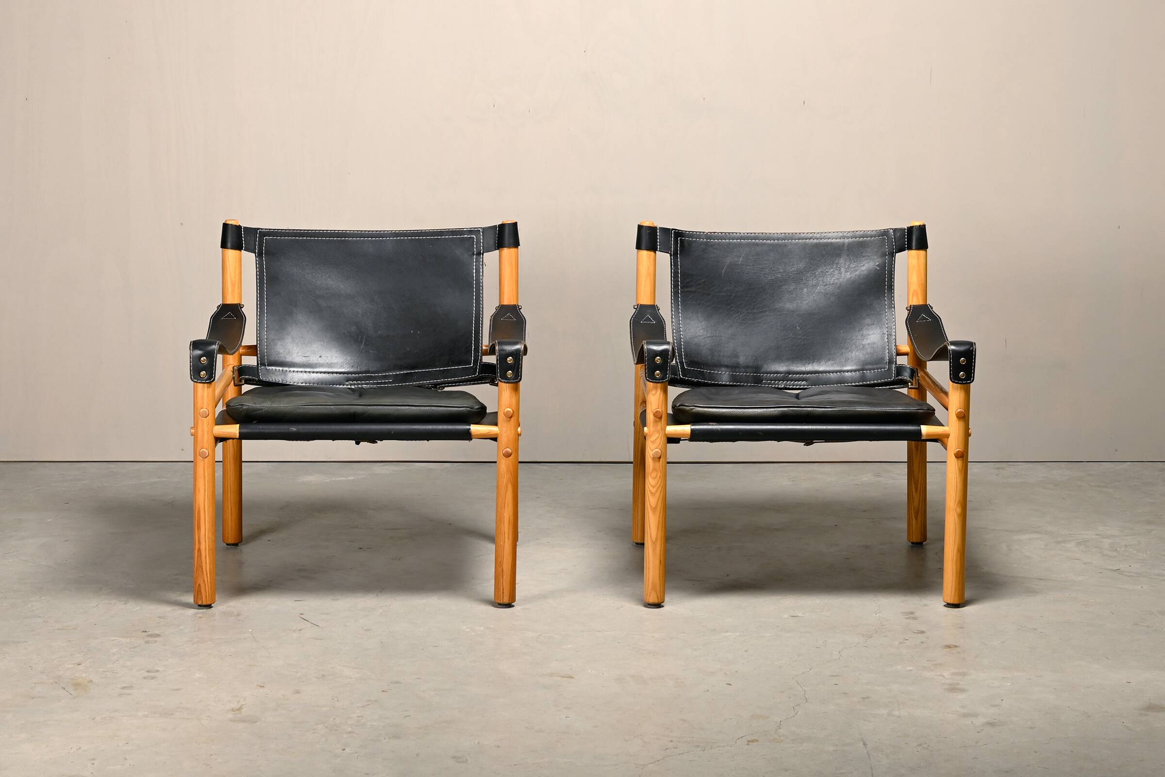 Arne Norell Sirocco Safari Lounge Chairs in Black Leather and Ash, Sweden