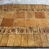 Roger Capron brown-ochre ceramic tile coffee table with wooden base, oval leaf-motif top
