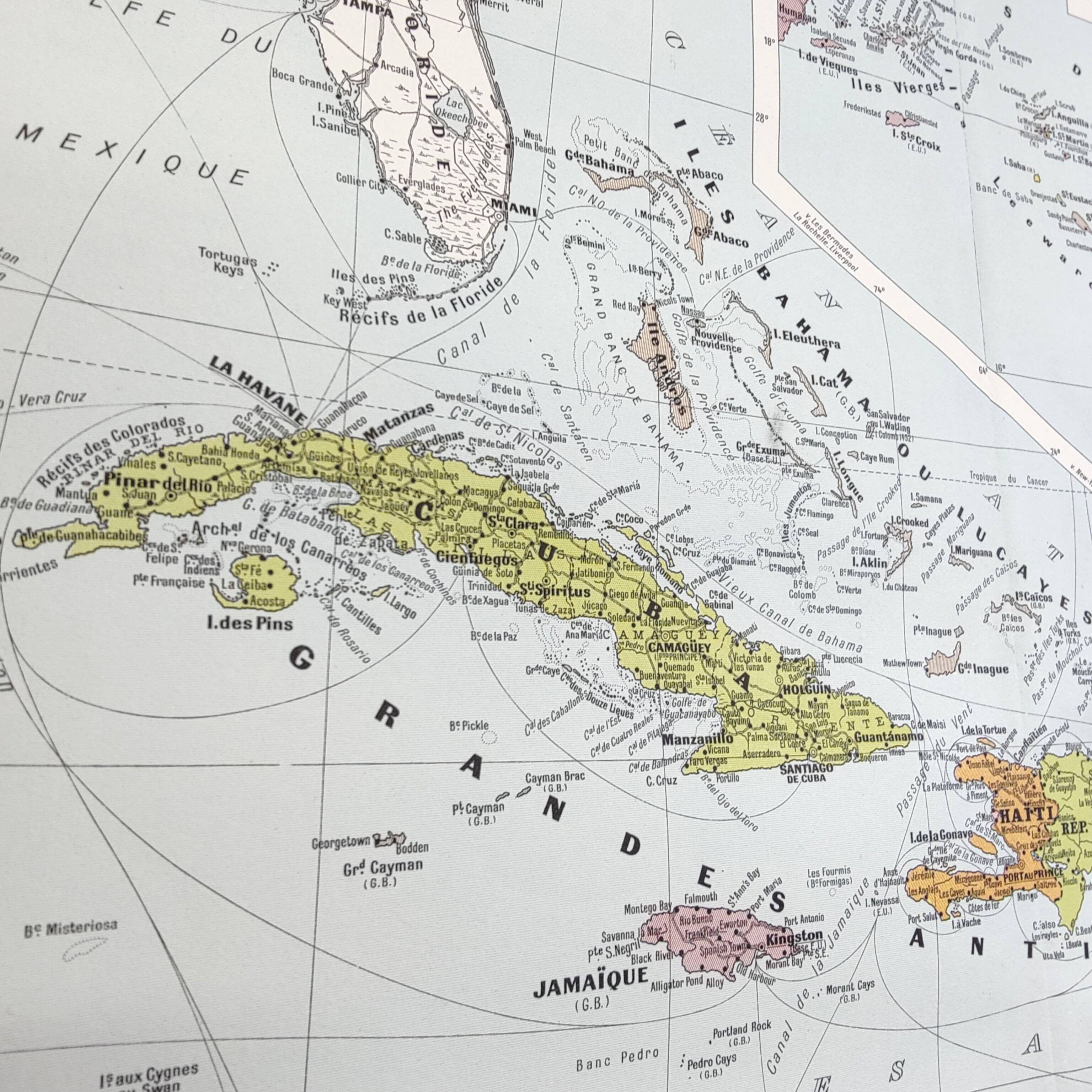 Map of the Antilles Caribbean Sea archipelago vintage from 1950