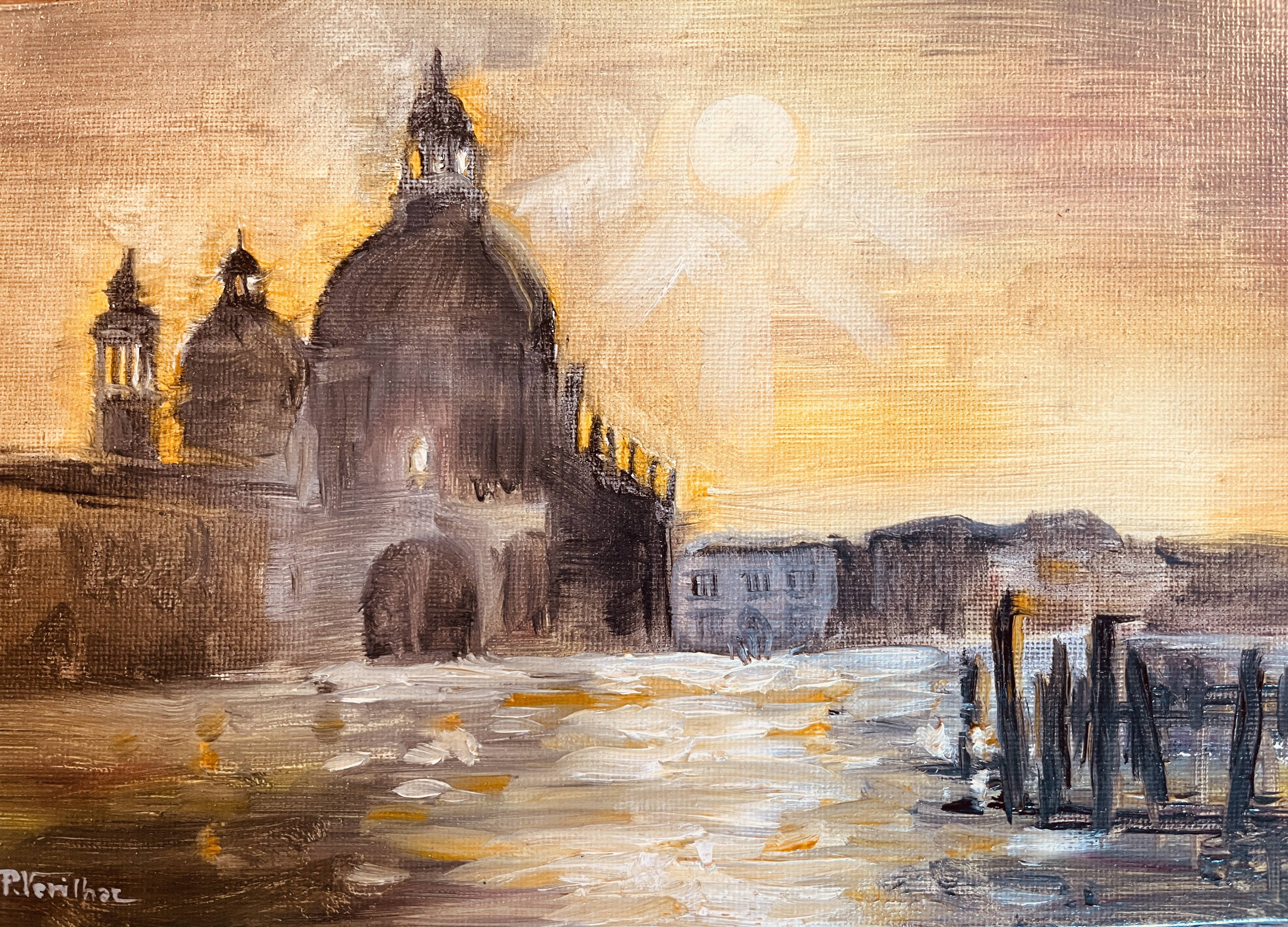 Signed painting oil on canvas landscape Venice "Santa Maria" sunset