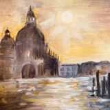 Signed painting oil on canvas landscape Venice "Santa Maria" sunset