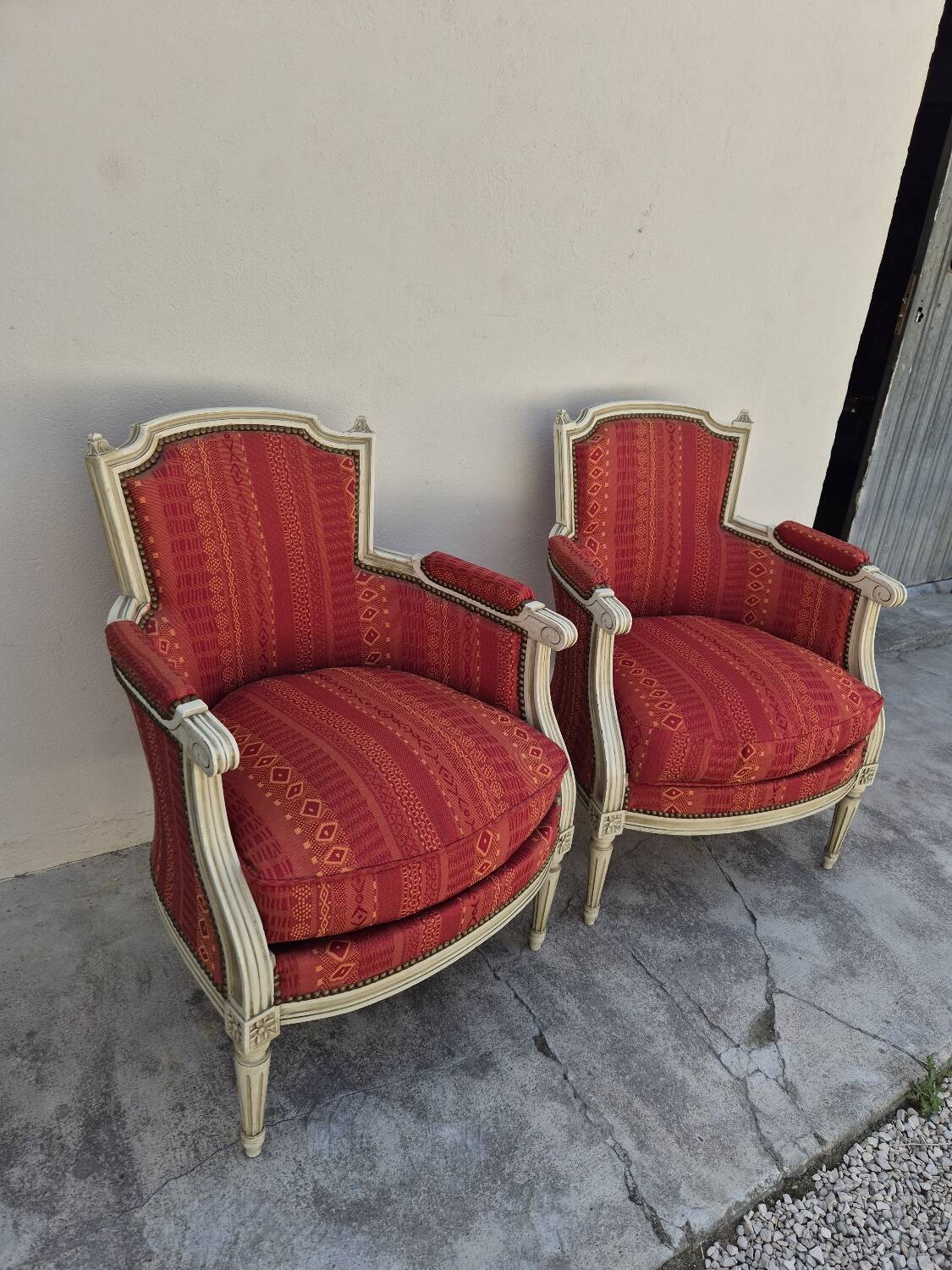 Pair of Louis XVI style bergère armchairs, antique.