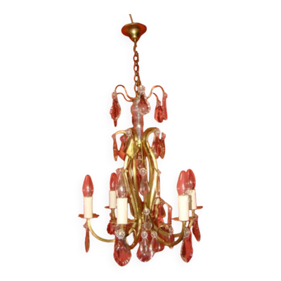 Lustre à cristaux type à cage à 6 bras de lumière  époque début 20 ème