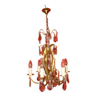 Six-armed crystal cage light fixture from the early 20th century