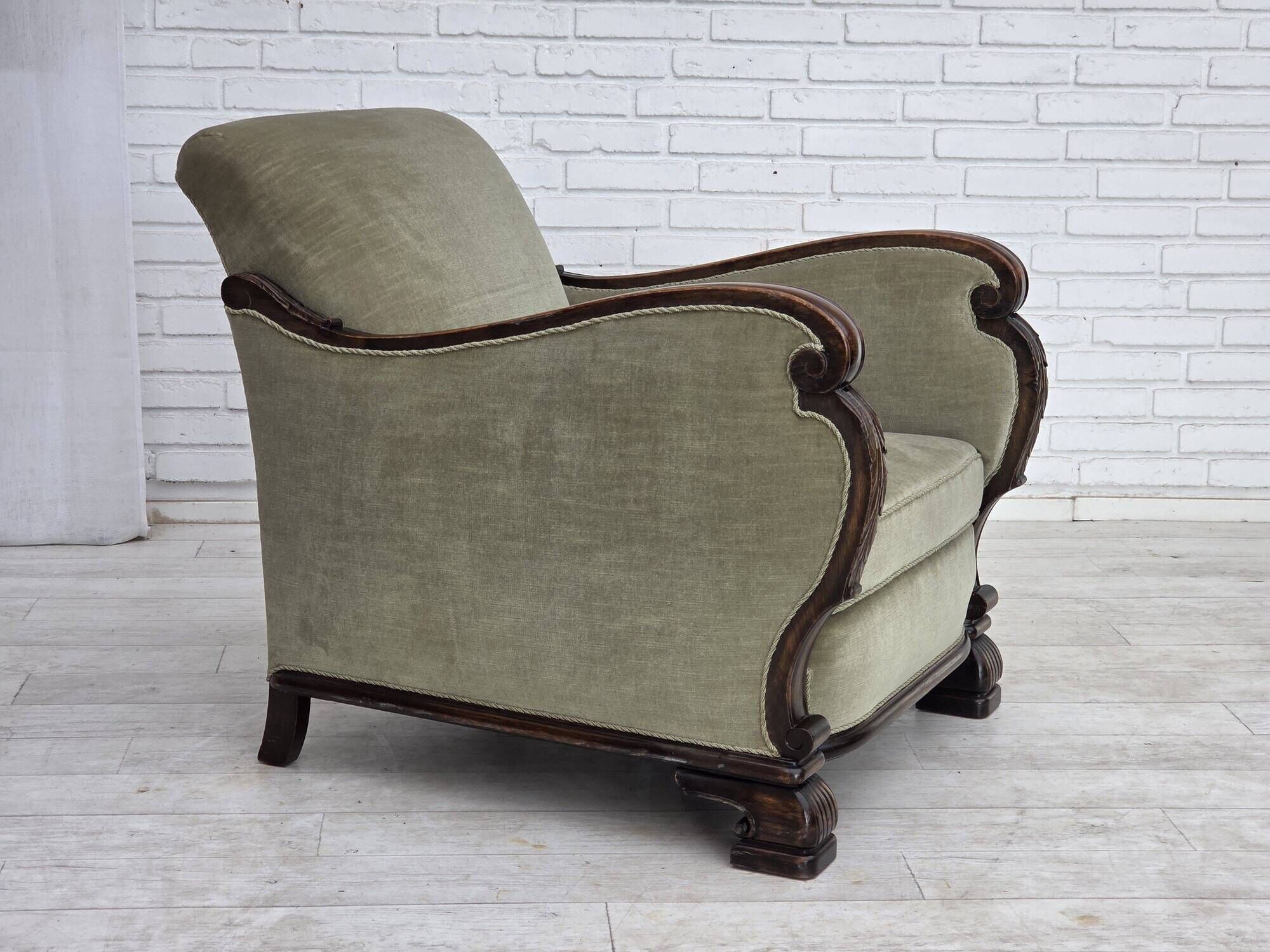 1950s, Danish relax armchair, furniture velour, carved oak wood.