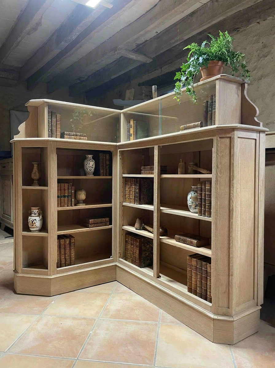 Meuble de métier ancien d’angle en chêne – bibliothèque / meuble de ra