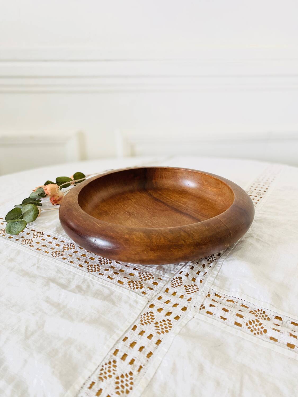 Empty round hollow flat bowl pocket in teak wood