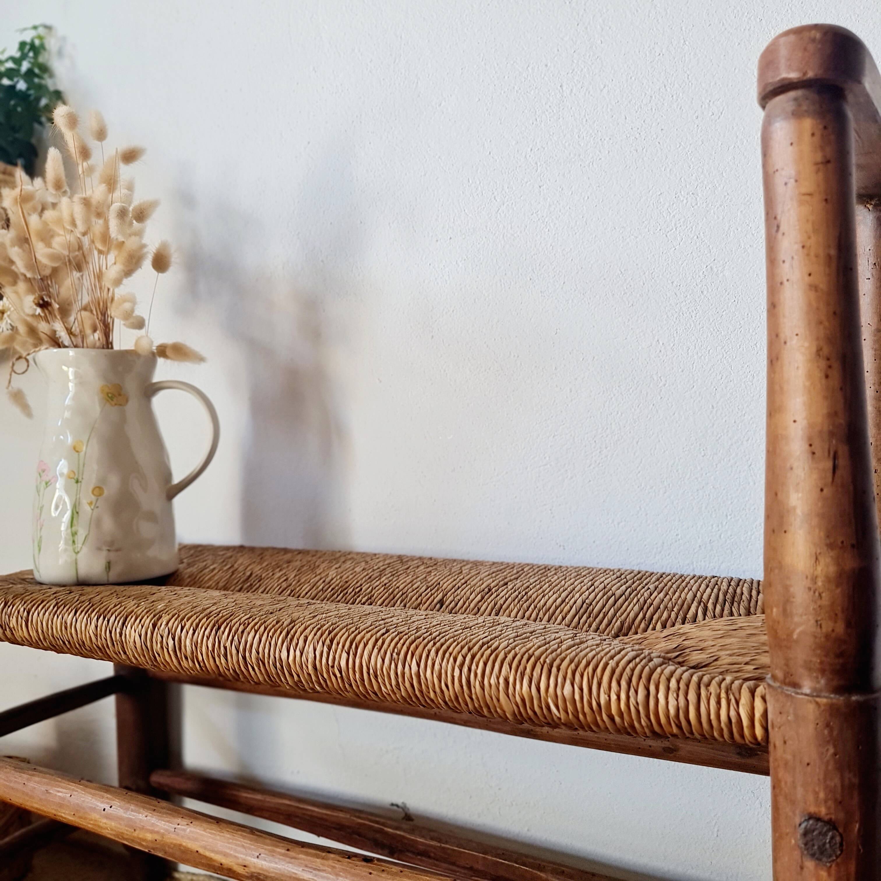 Turned wooden bench and straw - 1950s