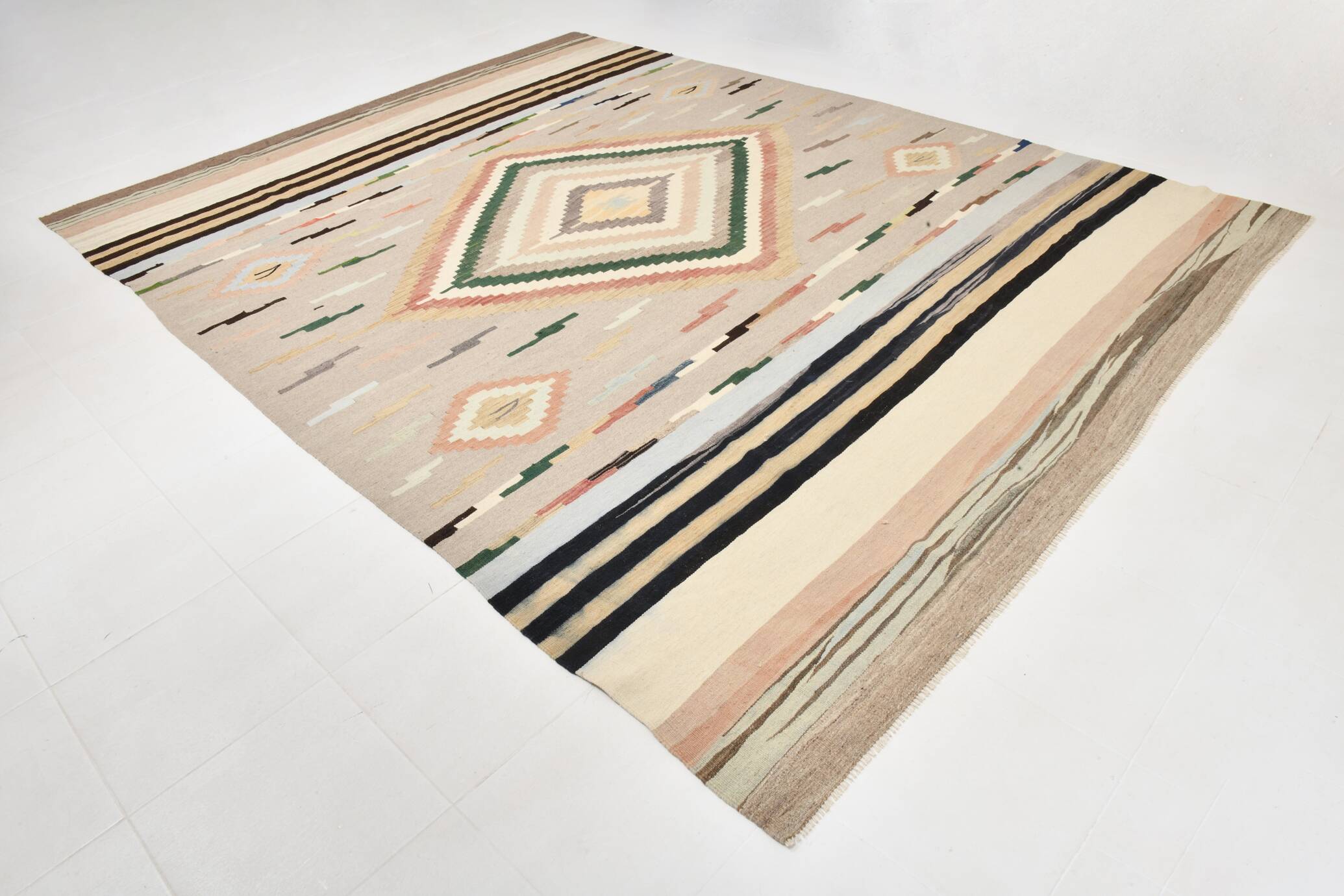 Tapis Kilim Vintage Beige Fait Main, Design Géométrique Élégant, 284x378 Cm