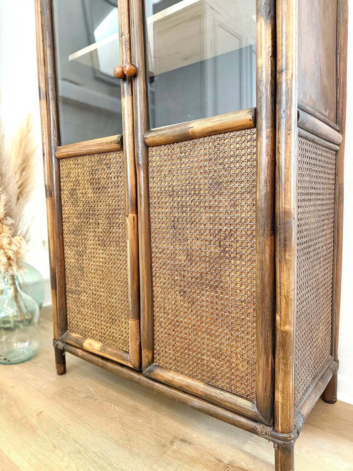 Glass cabinet in bamboo and cane