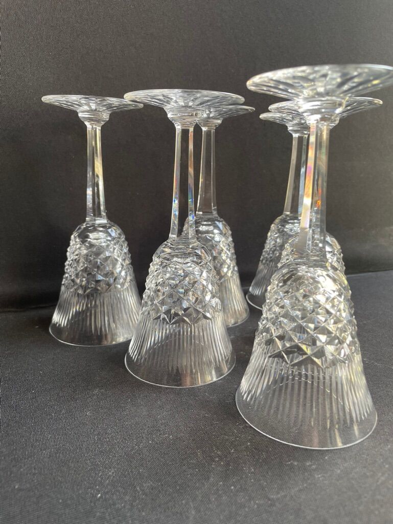 6 old carved crystal wine glasses