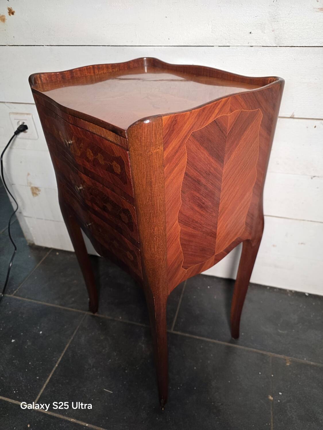 Louis XV style bedside table in marquetry with 3 drawers.