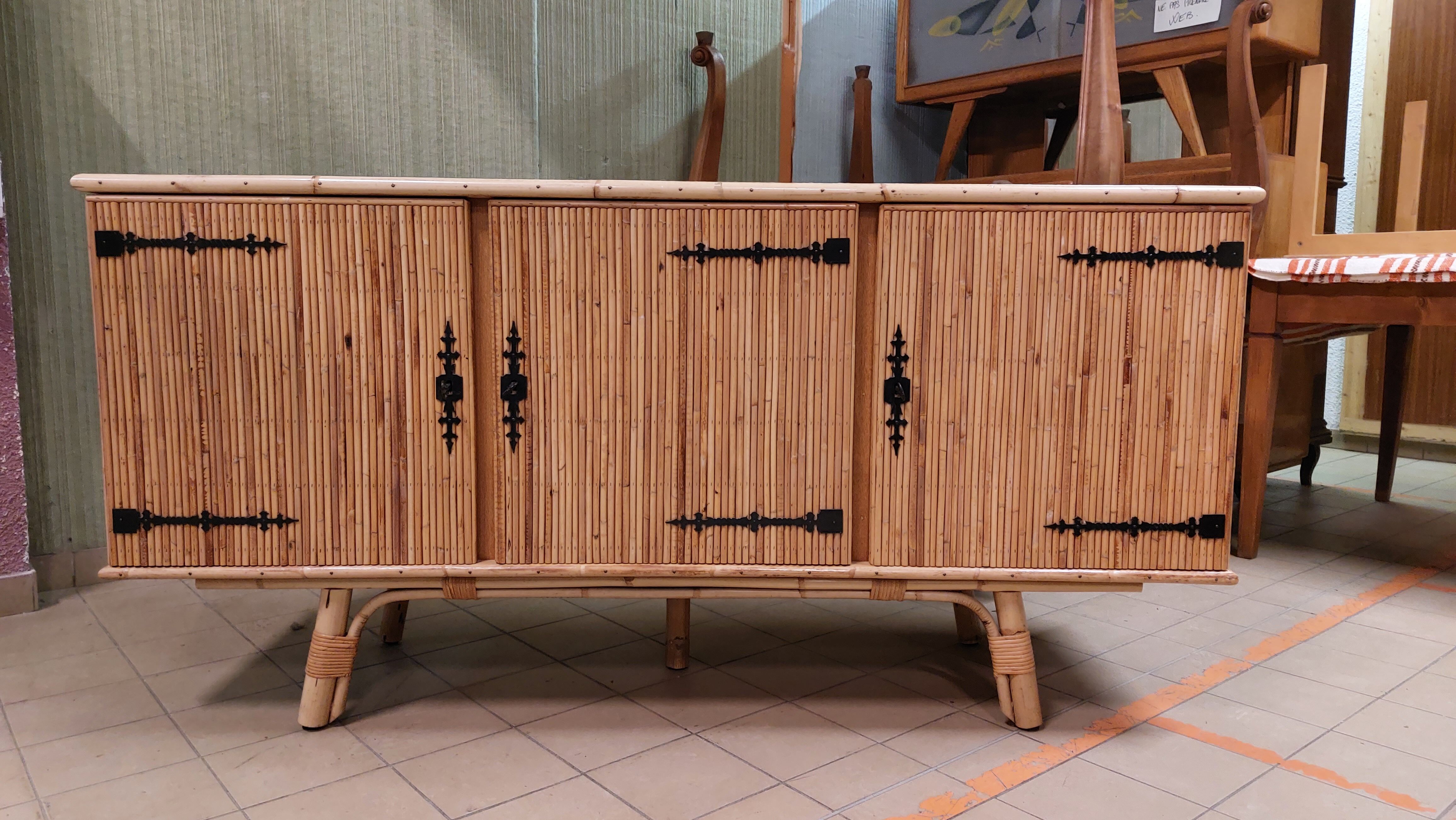 Vintage 3-door bamboo and rattan sideboard 50