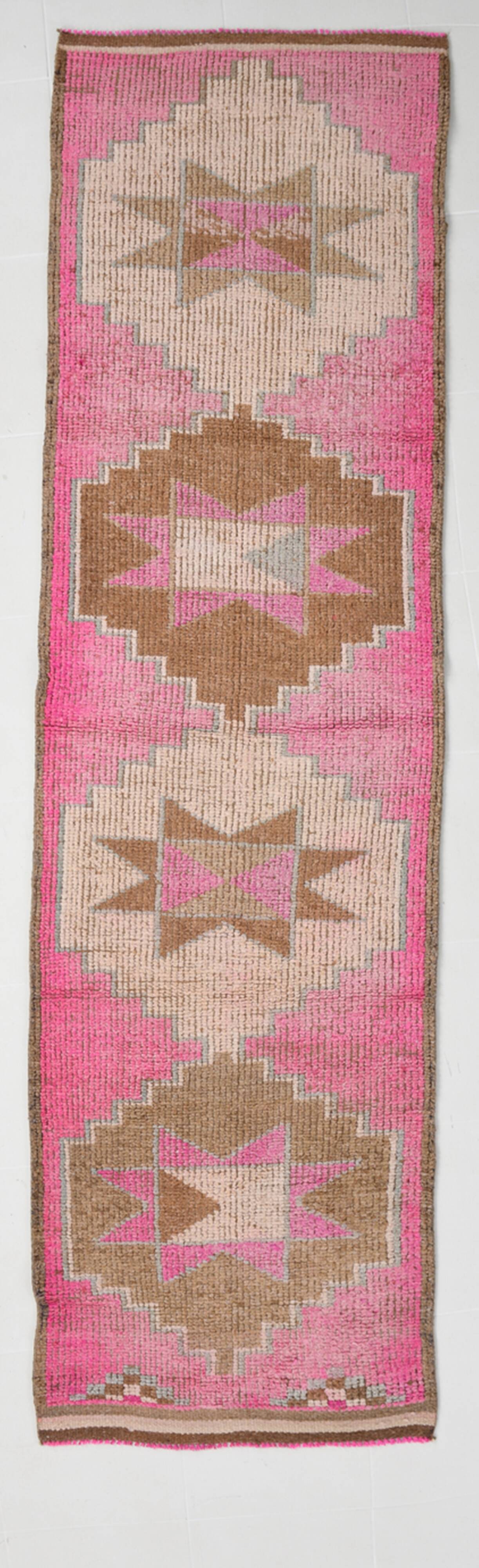 3x10 Fuchisa Pink & Caremel Brown Geometric Pattern Vintage Runner Rug