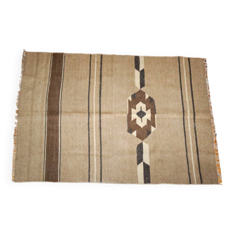 tapis kilim turc vintage * région d'usak turquie * laine tissée * marron beige camel blanc * motifs géométriques