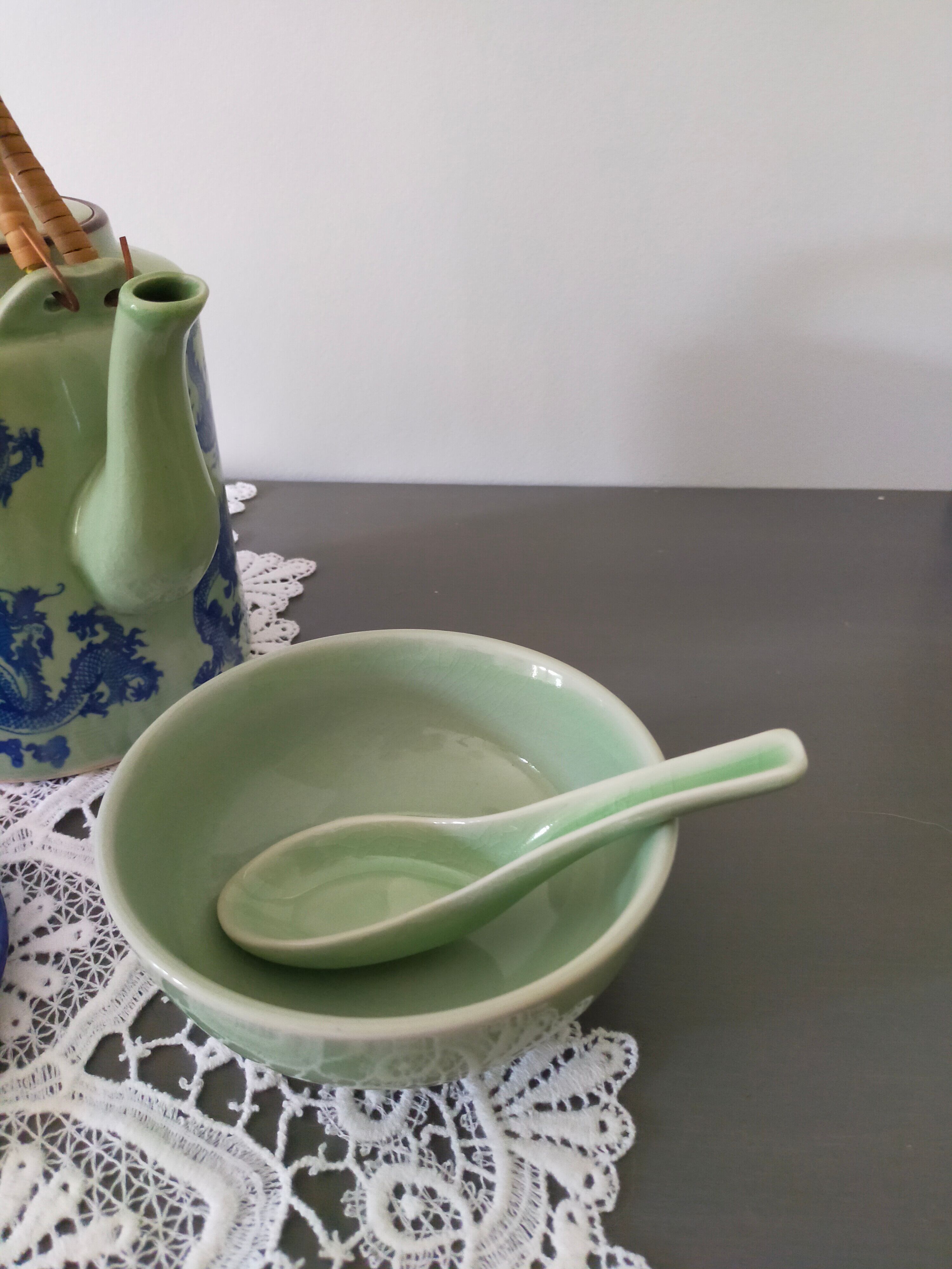 Celadon green glazed ceramic bowl and its vintage spoon/ rice bowl/ soup bowl/ chinese bowl/