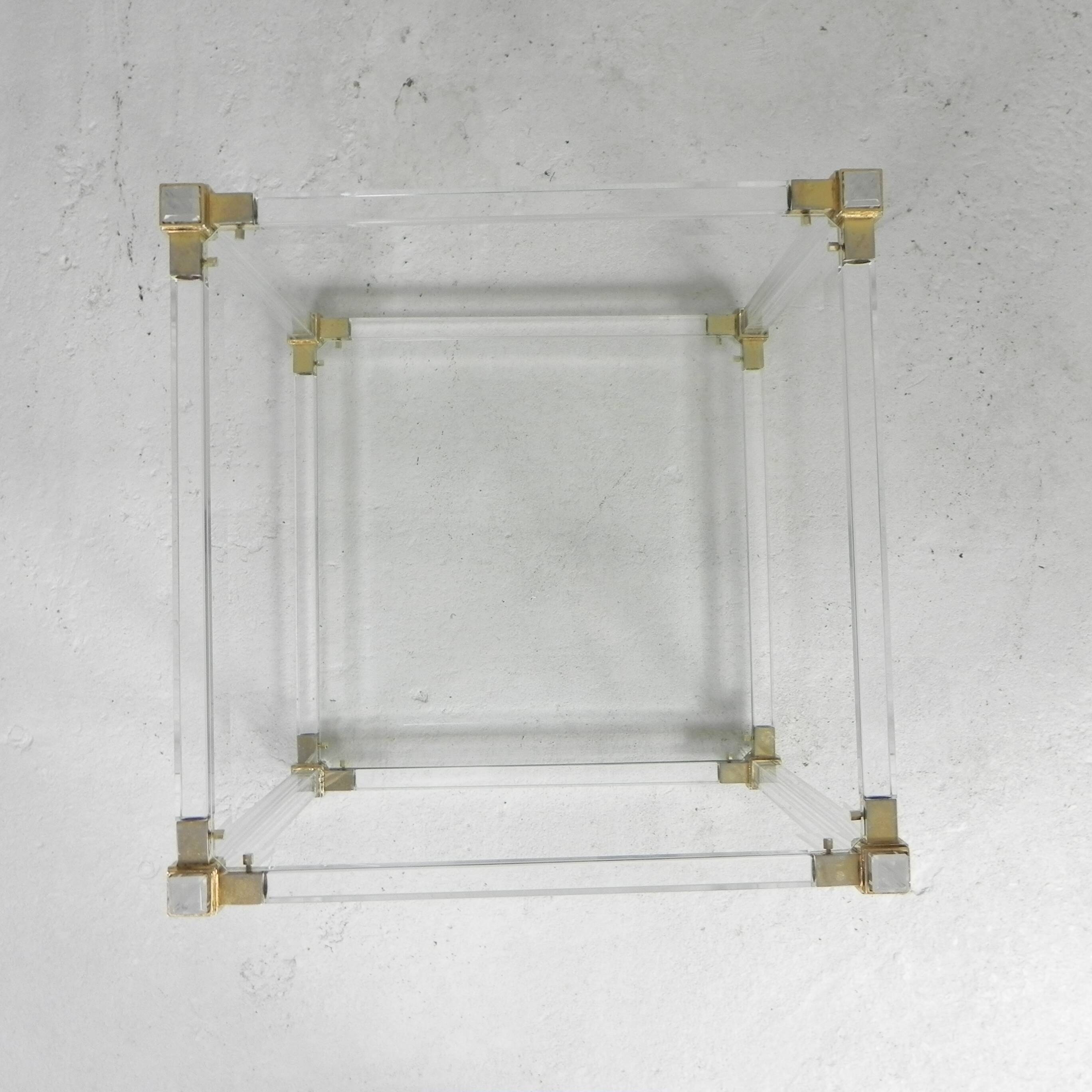 Hollywood Regency coffee table plexiglass, glass, brass, 1970s