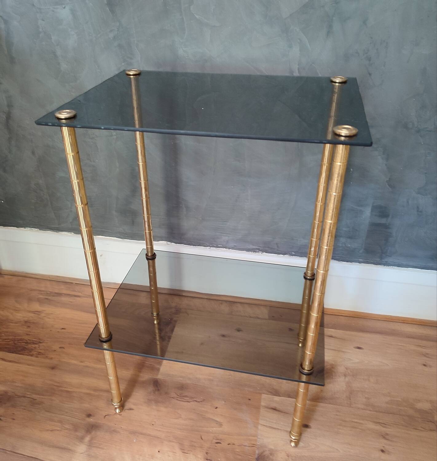 Smoked glass side table or pedestal table from the 70s
