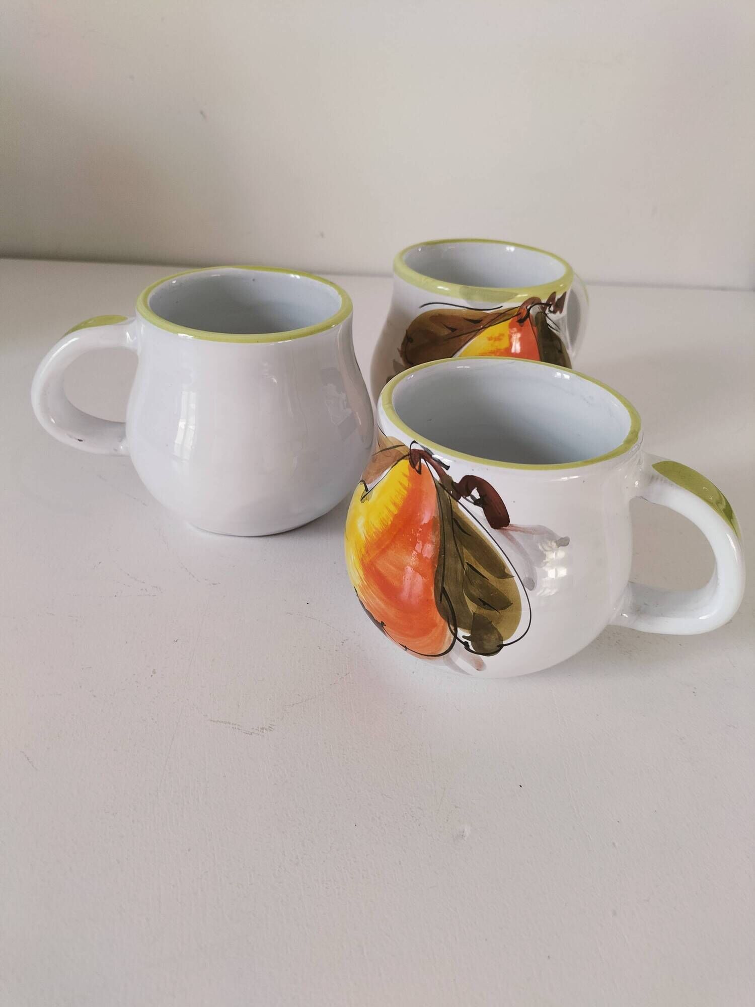 Trio of vintage Italian earthenware mugs, hand-painted – pear motif