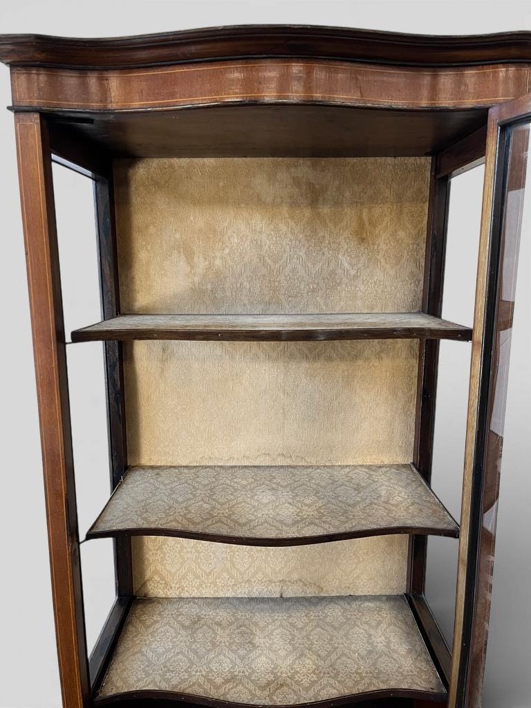 vintage wooden display cabinet with curved glass