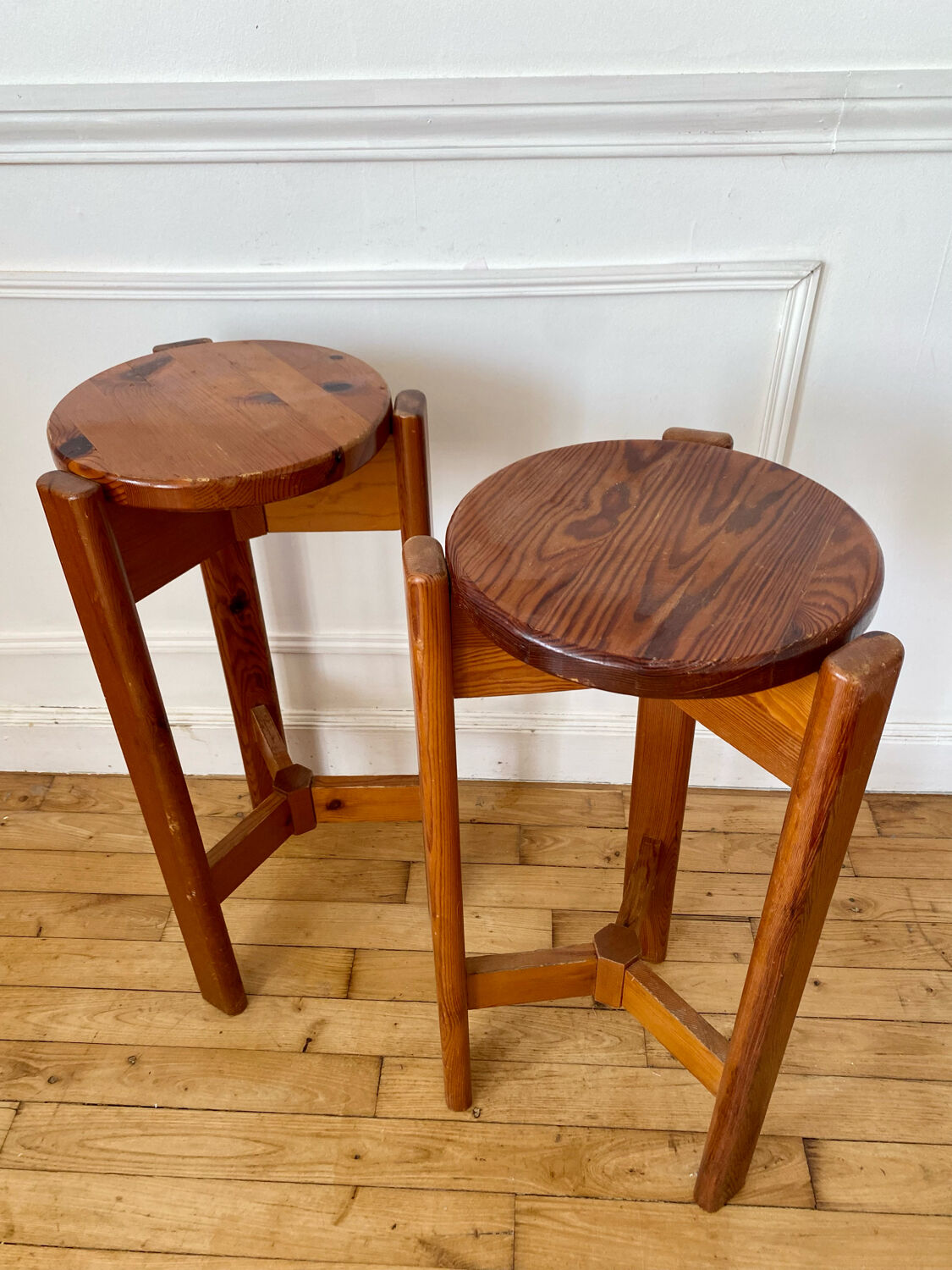 Pair of vintage pine top stools