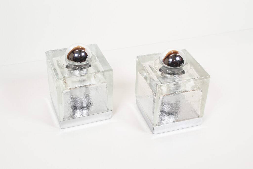 Set (2) of metal and ice glass 'cube' wall lights, Germany 1970s