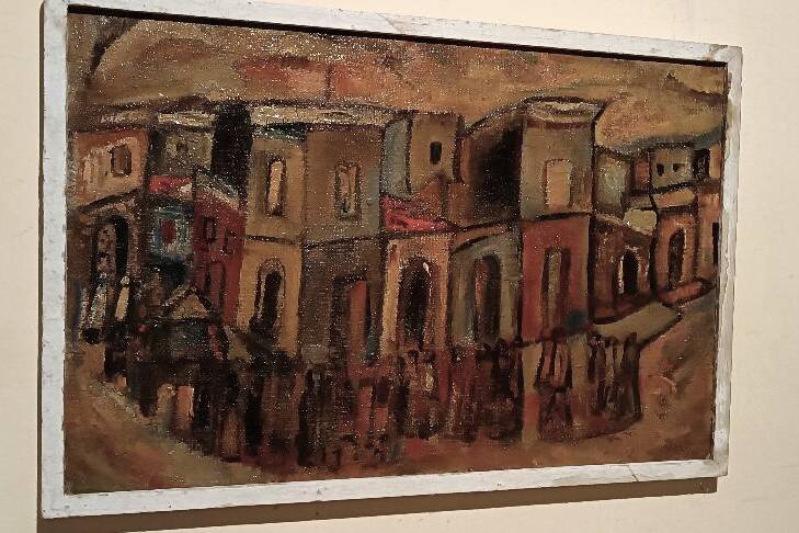 Oil on canvas "Funerals in Syracuse" by Ferruccio Ferri - Exhibition Gulf of La Spezia, 1940s