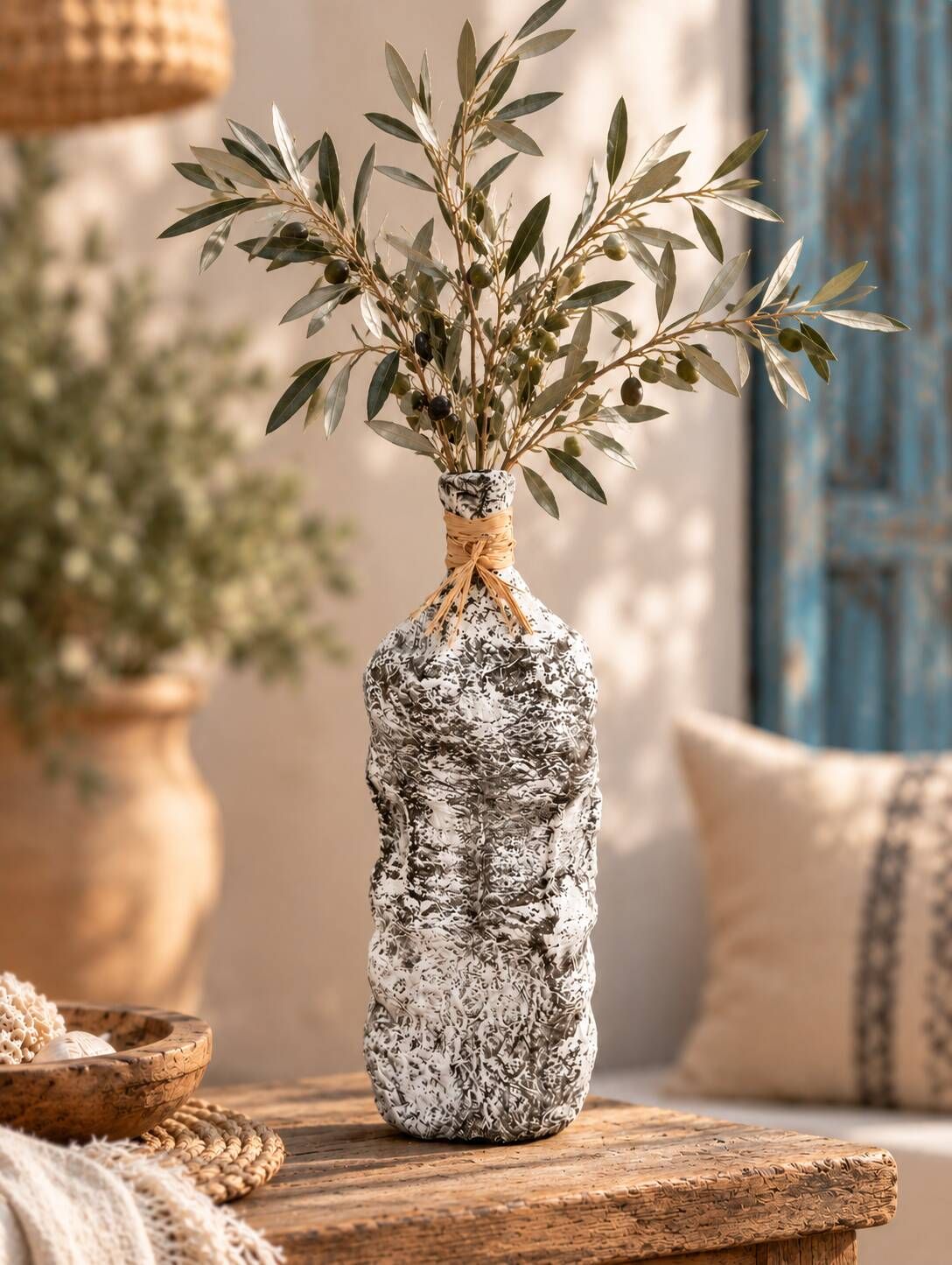 Sculptural vase with a stone effect. Wabi-sabi. Bohemian.