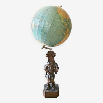 Sculpture bois quasimodo bossu portant terre mappemonde artisanal pièce unique