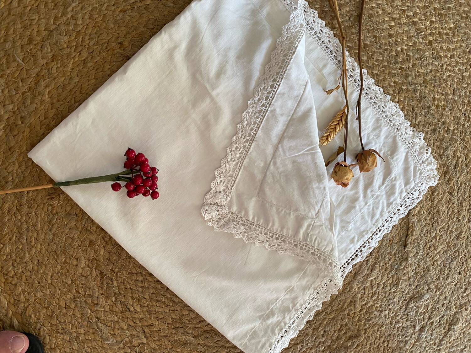 Old cotton and lace pillowcase.